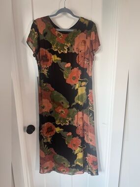 VTG 90s Wild Rose Water Color Whimsigoth Floral Mesh Midi Slip Dress